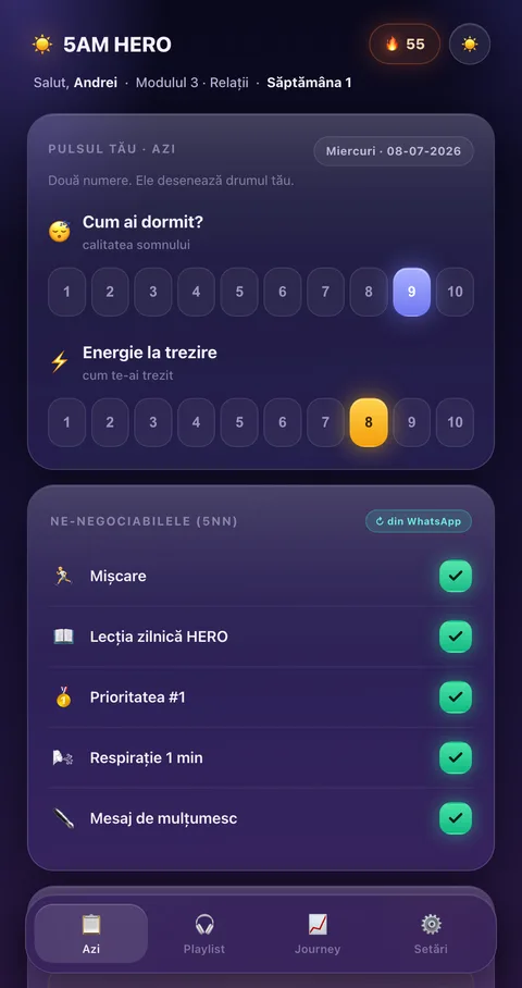 Ecranul Azi din aplicația 5AM HERO: somnul, energia și cele 5 ne-negociabile
