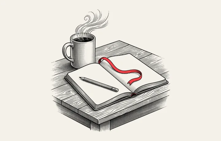 Gravură în tuș: o cafea lângă un caiet deschis