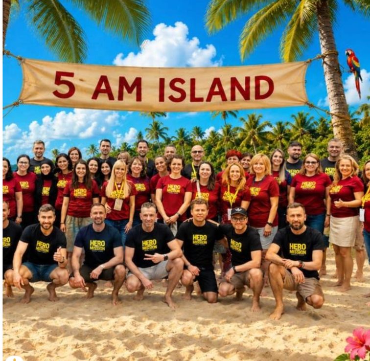 Vizualizarea trimisă de Diana: același grup, pe o plajă cu palmieri, sub pânza 5 AM ISLAND